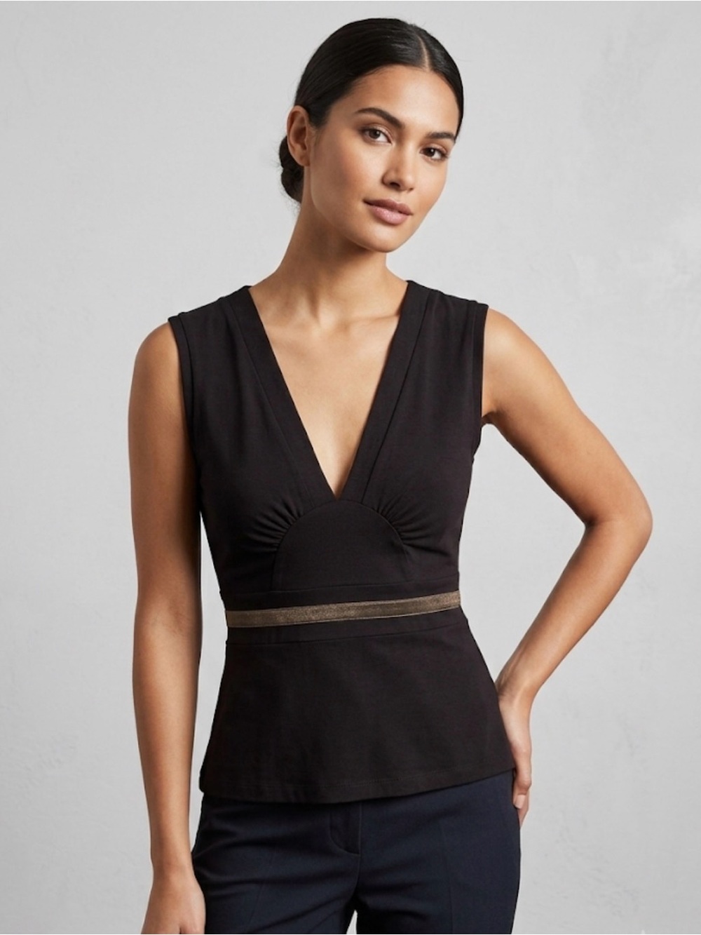 TF V-Neck Sleeveless Top with Velour Waistband Detailing